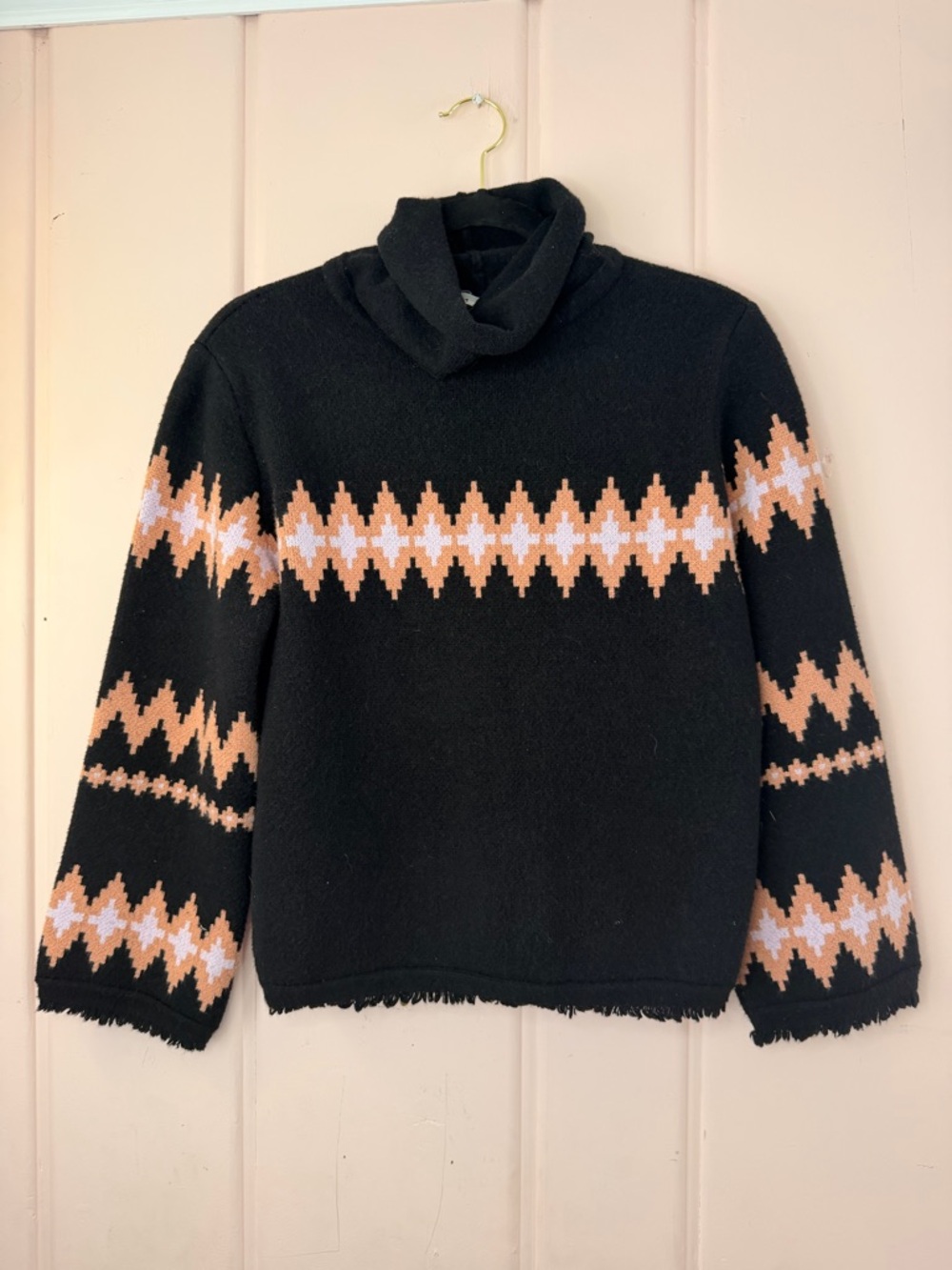 THML Black Turtleneck Sweater with Peach and Pale Pink Geometric Stripes SzM